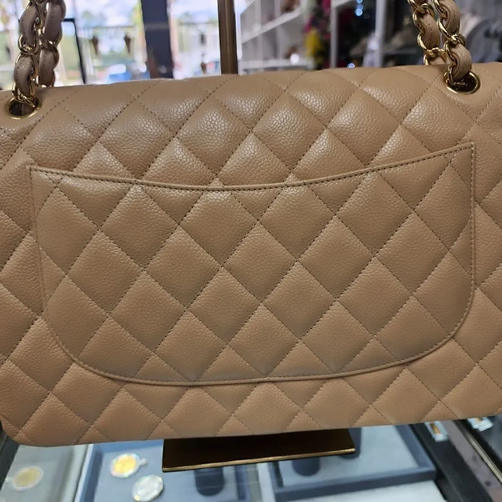 NWTS!AUTHENTIC Chanel Double Flap Beige Caviar Quilted Gold Purse/Shoulder Bag